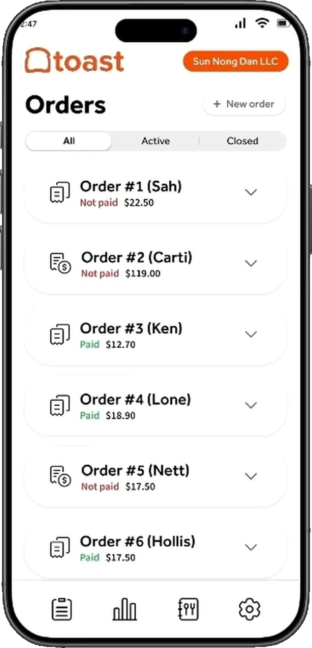 Final handheld order list with All, Active and Closed tabs