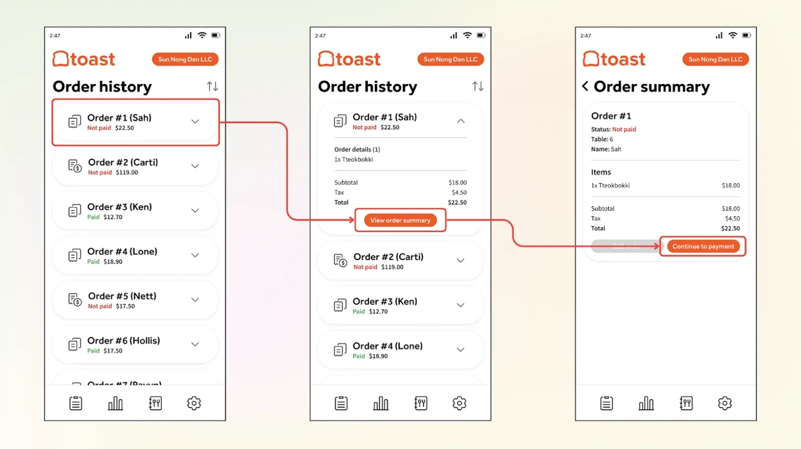 Order history to bill details to order summary