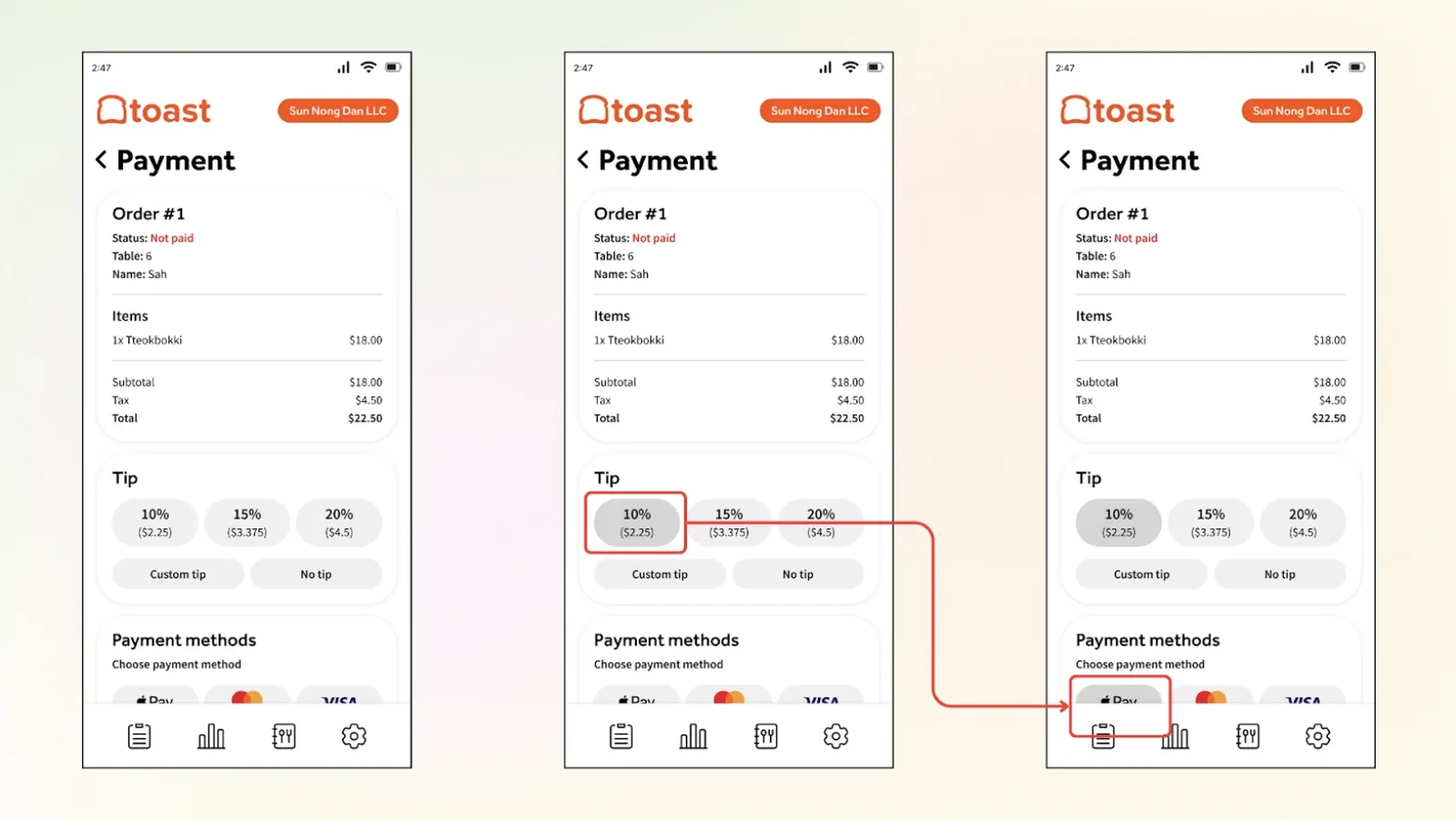 Payment flow with tip options and payment methods