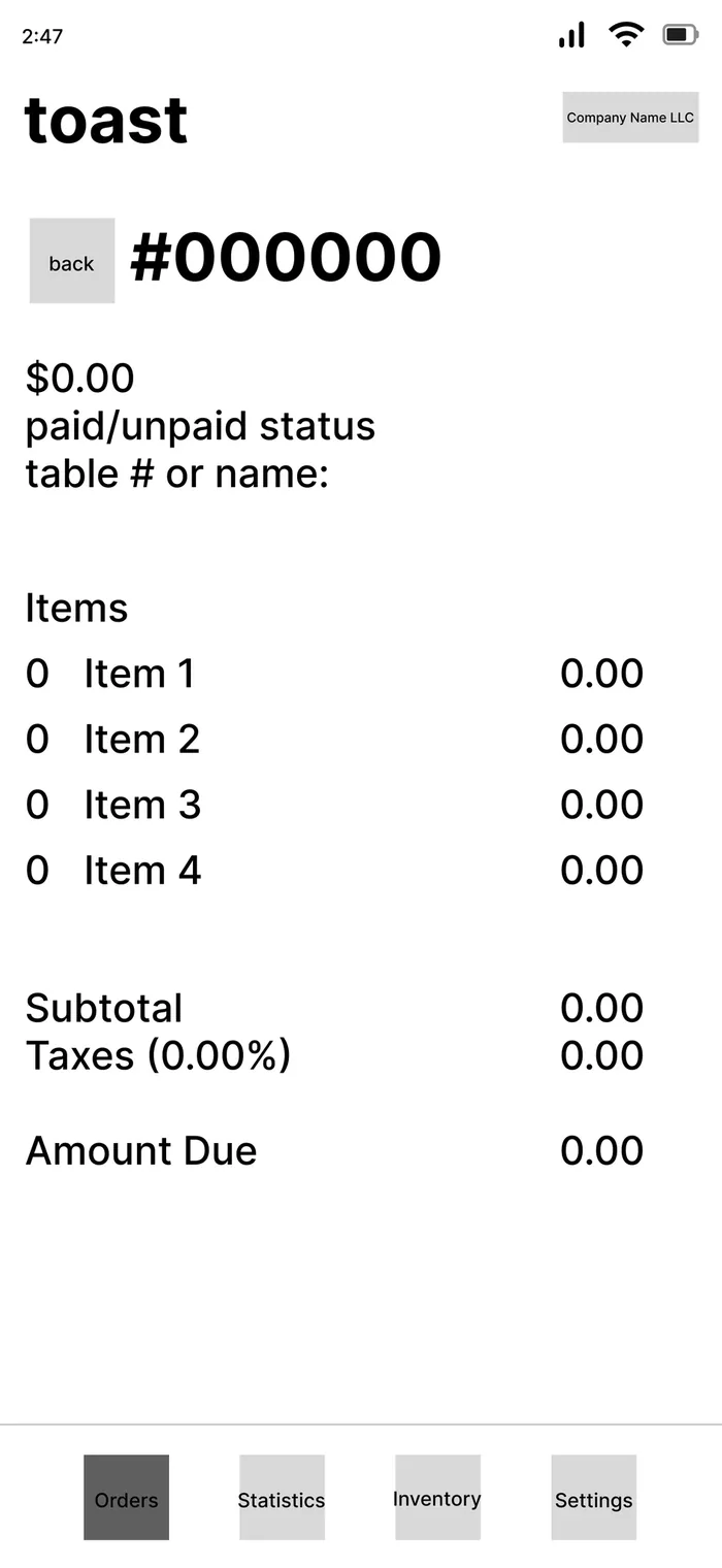 Lo-fi mobile order screen